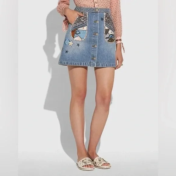 Coach Blue 100% Cotton Denim Patchwork ButtonUp Skirt Sequin Embroidery (Size 4) - Picture 2 of 13